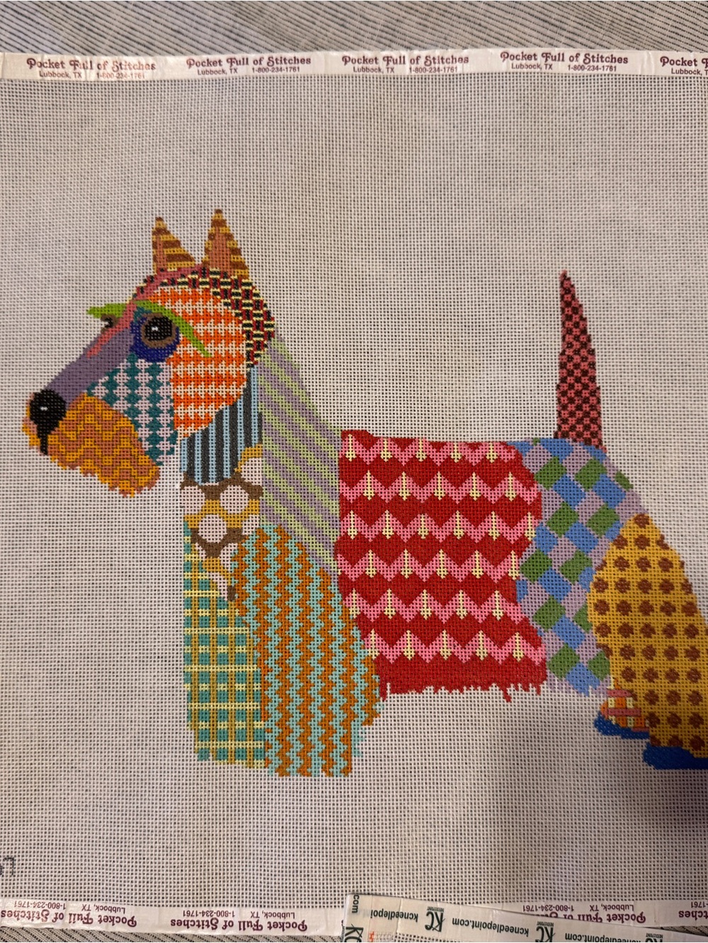 Colorful Patchwork Scottie Dog Needlepoint Canvas